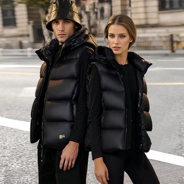 Black Gold Down Vest For Women - Hooded Sleeveless Puffer Jacket With Duck Feather Filling, Warm Winter Layering Piece For Casual & Office Wear_ecoleips.com
