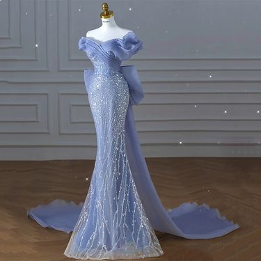 2024 New Smog Blue Host Heavy Industry Beaded Mermaid Dress Toast Dress Annual Meeting Shoulder Show Dress_voghion.com