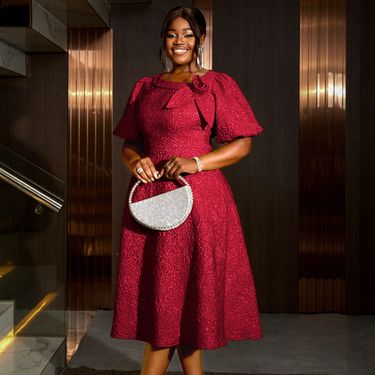 Elegant Plus Size Bubble Sleeve Dress – High Waist Floral Jacquard, Asymmetric Neckline, Stretch Polyester (Comfortable For Evening & Office)_voghion.com