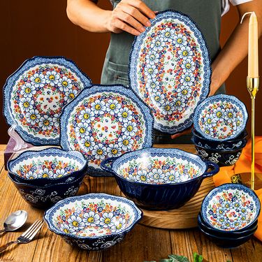 Polish Colorful Ceramic Dinnerware Set - 16-Piece Hand-Painted Bowls & Plates With Heat-Resistant Design_voghion.com