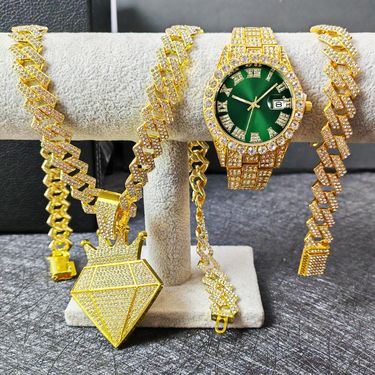 Hip Hop Style Diamond Watch Pendant Watch Cuban Chain Bracelet Necklace Lced Out Watch_voghion.com