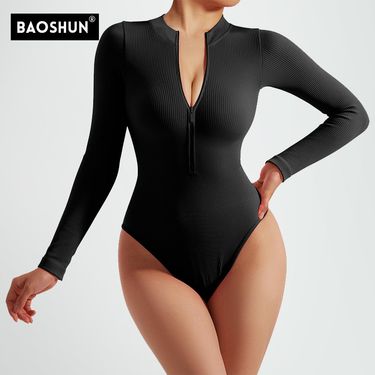 Women's Clothing No Chest Pad Seamless Zipper Long Sleeved Yoga Suit Casual Sports Jumpsuit Threaded Body Shaper Custom_voghion.com