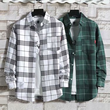 2021 Thin Plaid Long Sleeved Shirt Men's Loose Ins Trendy Korean Shirt Men's Construction Site Work Clothes_voghion.com