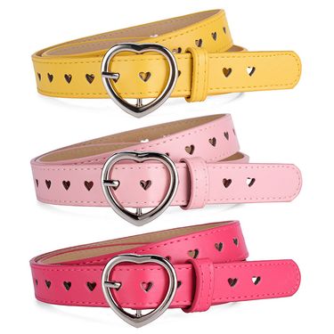 New Children's Short Size Heart-shaped Buckle Decoration Fashion Trend Women's Belt Full Hole Peach Heart Hole Hole Jeans Belt Women_voghion.com