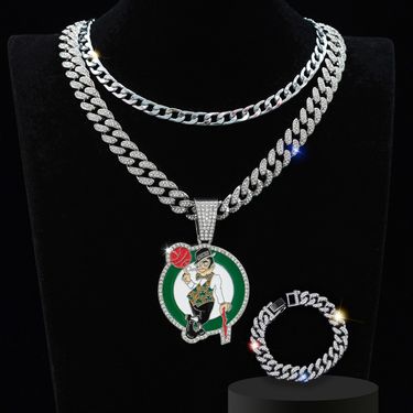 Fashion Jewelry Personality Full Diamond Portrait Basketball Pendant Necklace Men's Hip Hop Cuban Chain Bracelet Three Piece Set_voghion.com