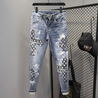 2024 Spring/Summer New Brand Printed Jeans Men's Trendy Personalized Water Washed Elastic Slim Fit Small Feet Long Pants_voghion.com