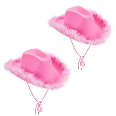 Fashion Halloween Women Pink Hats Cowgirl Furry Trim Fluffy Cowboy Preppy Glitter Carnival Costume Accessory for Party Wear Hat_voghion.com