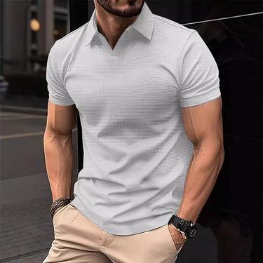 Men's Clothing Men's Summer Sports Fitness Leisure V Neck Elastic Texture Short Sleeved Polo Shirt Men_voghion.com