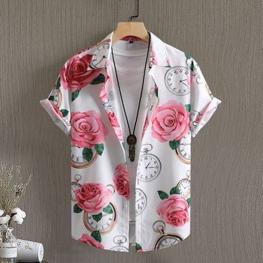 Men's Clothing fashion short-sleeved shirt men's rose clock print casual men's shirt 2024 summer_mkmklike.com