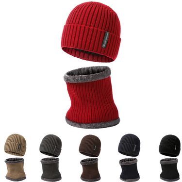 warm knitted hat scarf men plus velvet thick wool hat pullover neck protection two piece set_voghion.com