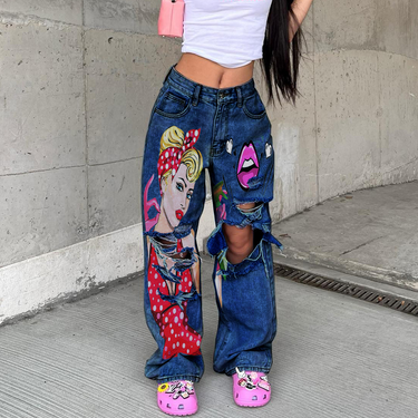 Women's 2023 Fashion New Printed Hollow Ripped Straight Trousers_voghion.com