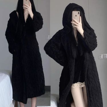 Hooded Bathrobe Nightgown Women's Autumn And Winter Thickened Coral Fleece Warm Solid Color Long Large Size Loungewear_voghion.com
