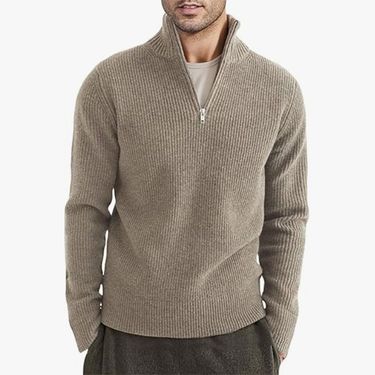 Men's Winter Knit Sweater With Half-Zip Collar - Thick Warm Pullover, Slim Fit, Machine Washable (Khaki/White/Gray/Black//Brown)_voghion.com