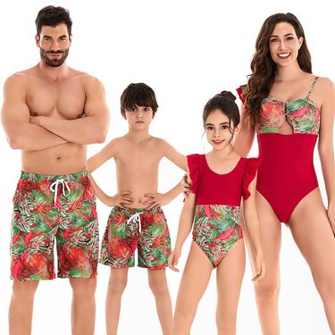 Mother & Kids European parent-child swimwear family wear new mother-daughter bikini father-son beach pants elastic waist brother and sister swimwear_voghion.com