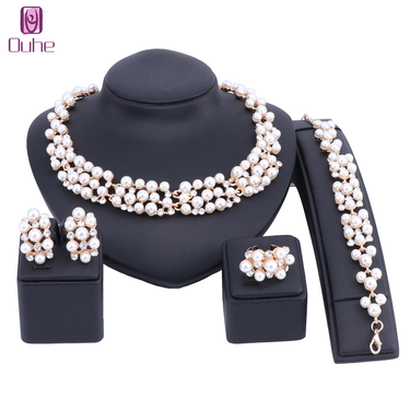 Women Wedding Bridal Party Gold Color Crystal Pearl Necklace Earring Bracelet Ring Costume Accessories Jewelry Sets_voghion.com