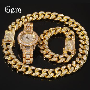 UrbanKing Men's Hip-Hop Jewelry Set - Diamond Watch, Chain Necklace & Bracelet_voghion.com