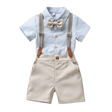 Children's Harness Suit Foreign Trade European And American Boys' Plaid Harness Overalls Bow Tie Gentleman Three Piece Set_voghion.com