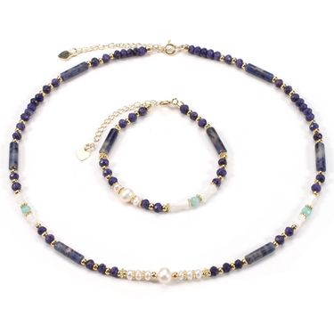 Freshwater Pearl Bamboo Shell Lapis Lazuli Natural Stone Bracelet Necklace Set Female_voghion.com