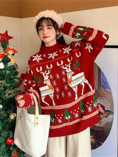 girl Christmas Atmosphere Sweater For Women, Autumn And Winter New Loose Retro Lazy Style Pullover, Stylish Knitted Sweater,_voghion.com