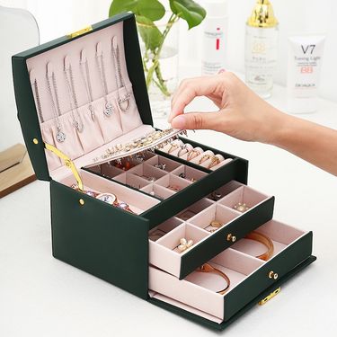 Aurora Atelier 1pcs Multi Functional Three Layer Leather Drawer Style Jewelry Box Earrings Earrings Lock Jewelry Box_voghion.com