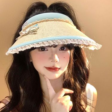 Cute Bow Button Empty Top Sunscreen Hat Women's Summer Big Brim Sunshade Straw Hat UV Protection Sun Hat_voghion.com