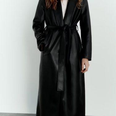 Women's Clothing Women's autumn new fashion temperament light cooked leather PU black long trench coat_viptrois.com