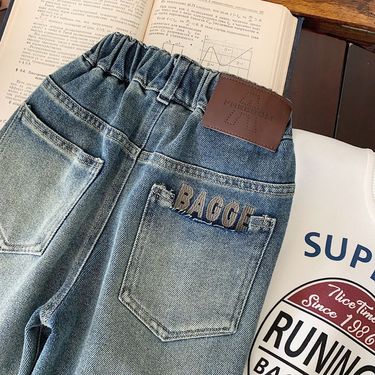Children's jeans 2024 autumn boys elastic distressed embroidered fashionable cool casual pants trend_voghion.com