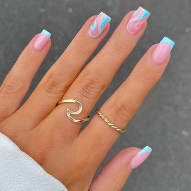 Medium and long square nails foreign trade cross border nail pieces lake blue ripple wear nails summer cool fresh natural nail pieces_mkmklike.com