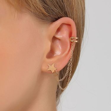 Ins Minimalist Integrated Chain Star Ear Clip Fashionable Temperament Internet Famous C-Shaped Hollow Earrings_voghion.com