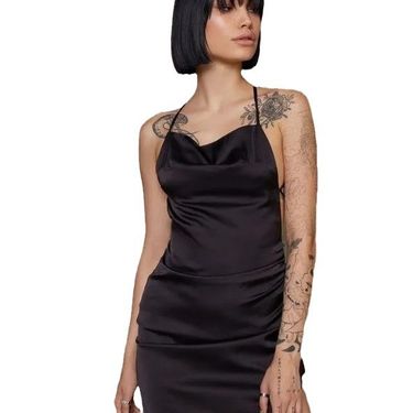 Women's clothing new elegant style women's silk suspenders style collarless backless pleated skirt dress_voghion.com