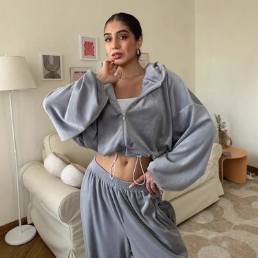 Women's Casual Solid Color Long Sleeve Zipper Cardigan Drawstring Hoodie Sweatshirt Elastic Pants Two-Piece Set_voghion.com