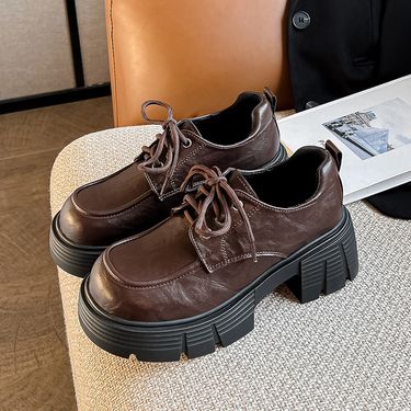 855-1 British Style Women's Thick-Soled Loafers 2025 Spring Lace-Up Black Versatile Chunky Heel Single Shoes For Women_voghion.com