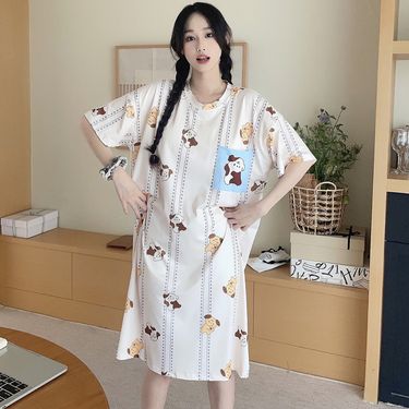 Women's new summer thin short sleeved nightgown with chest cushion, medium long nightgown, cute plus size cartoon loose_voghion.com