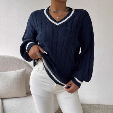 Chic Contrast Cable Knit Sweater For Women - Oversized V-Neck Long Sleeve Pullover With Lantern Sleeves, Soft Acrylic Blend, Autumn Winter Essential_voghion.com