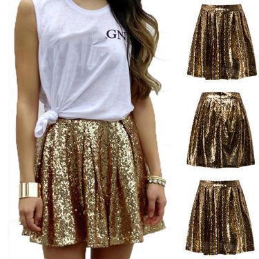 Women's Fashion Sexy Gold Sequin Pleated Midi Skirt Dress_voghion.com