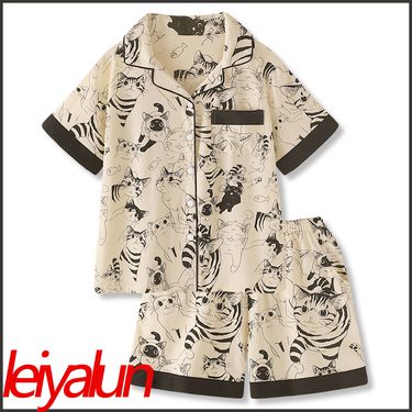 Cartoon little black cat cute short-sleeved shorts silk casual silky home suit_voghion.com