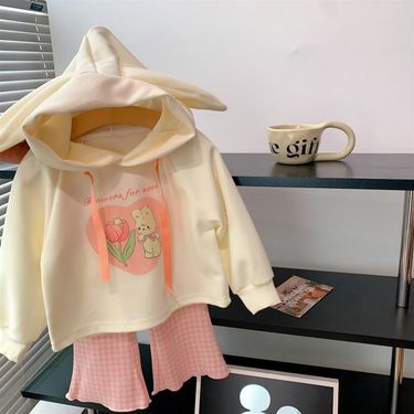 Kid's Clothing 2024 girls cute new autumn bunny hooded sweatshirt plaid flared pants suit_viptrois.com