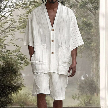 Men's Pure White Vertical Stripes Suit Double Pocket Design Button Cardigan Top Shorts Two-piece Suit_voghion.com