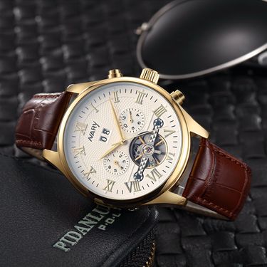 NARY Men's Fully Automatic Mechanical Watch Made Of Genuine Leather Men's Watch 18094_voghion.com