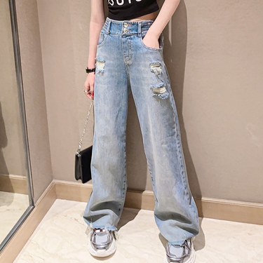 Girls' Jeans 2024 New Spring/Summer Fashionable Perforated Wide Legged Pants, Big Kids Internet Red Floor Slam Pants_voghion.com