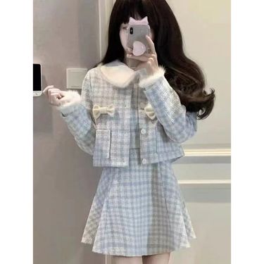 Autumn and Winter New Small Fragrant Style Coarse Flower Short Coat+Strap Dress Doll Collar Long Sleeve Top Women's_voghion.com
