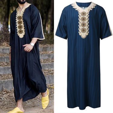 Men's Muslim Robe Arab Ethnic Loose Casual V-neck Sleeve Jumpsuit_mkmklike.com