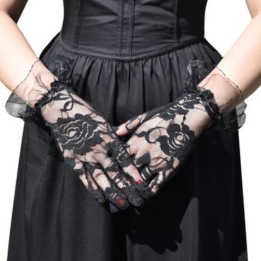 Women's Halloween Sexy Large Roses Evening Dress Lace Trim Short Gloves Lacegloves_voghion.com