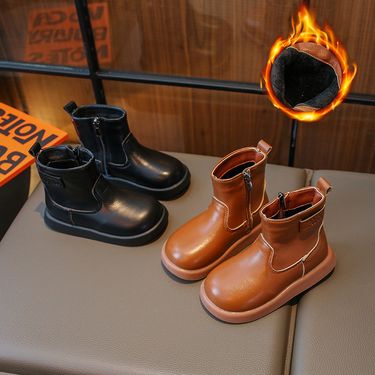 New children plus cashmere boots girls big children English style two cotton ankle boots_voghion.com