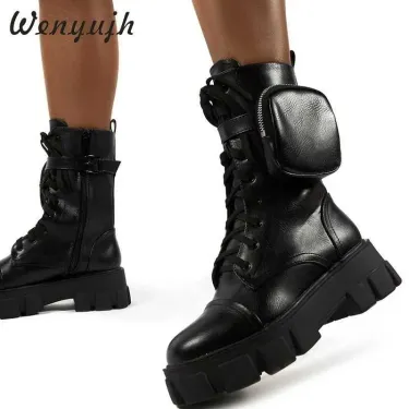 WENYUJH 2020 Women Pocket Lace Up Ladies Female Buckle Strap Black Chunky Pouch Ankle Boots Platform Y0914_voghion.com