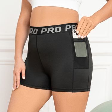 large size black shorts high-waisted outdoor letter waist quick-drying tights mesh belly-holding butt-lifting three-quarter pants for women_voghion.com