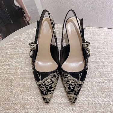 D Letter Pattern Embroidered Sandals For Women 2025 Summer New Closed-Toe Shallow Mouth Cat Heel Bowknot Backless High_voghion.com