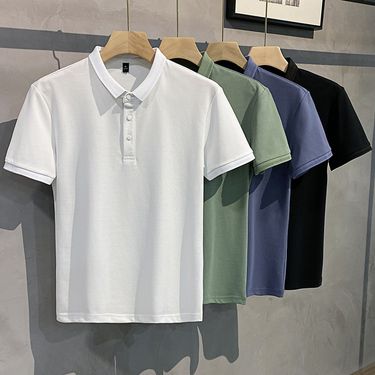 Summer solid color POLO shirt, men's casual cotton t-shirt, trendy new slim fit business lapel short sleeved t-shirt_voghion.com