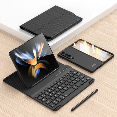 Pour Samsung Galaxy Z Fold4 5G Étui en cuir pour clavier Bluetooth pliable magnétique (fibre de carbone)_voghion.com