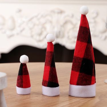 Christmas decoration Santa hat Red and black checked cloth hat mini Santa hat knife and fork Christmas wine bottle sleeve_voghion.com